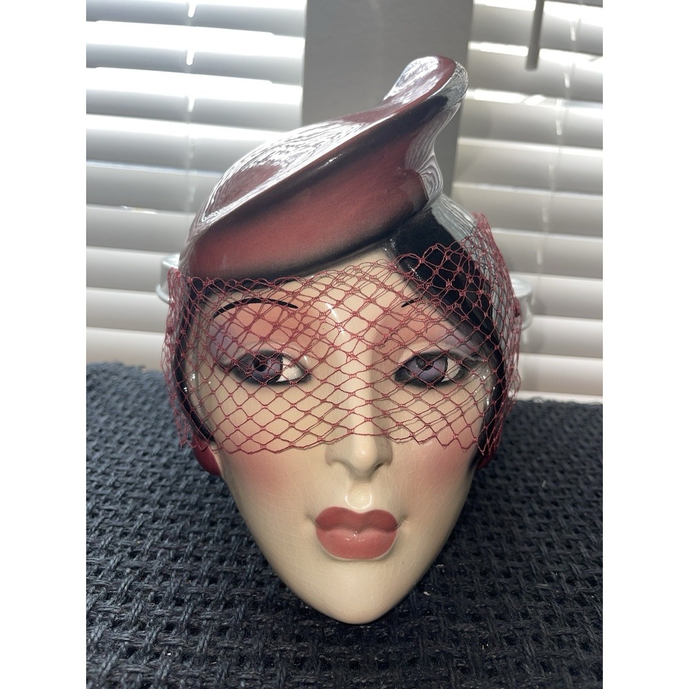 Vintage Clay Art 1980's Mask Woman w/Burgundy Veil‎ Hat Art Deco